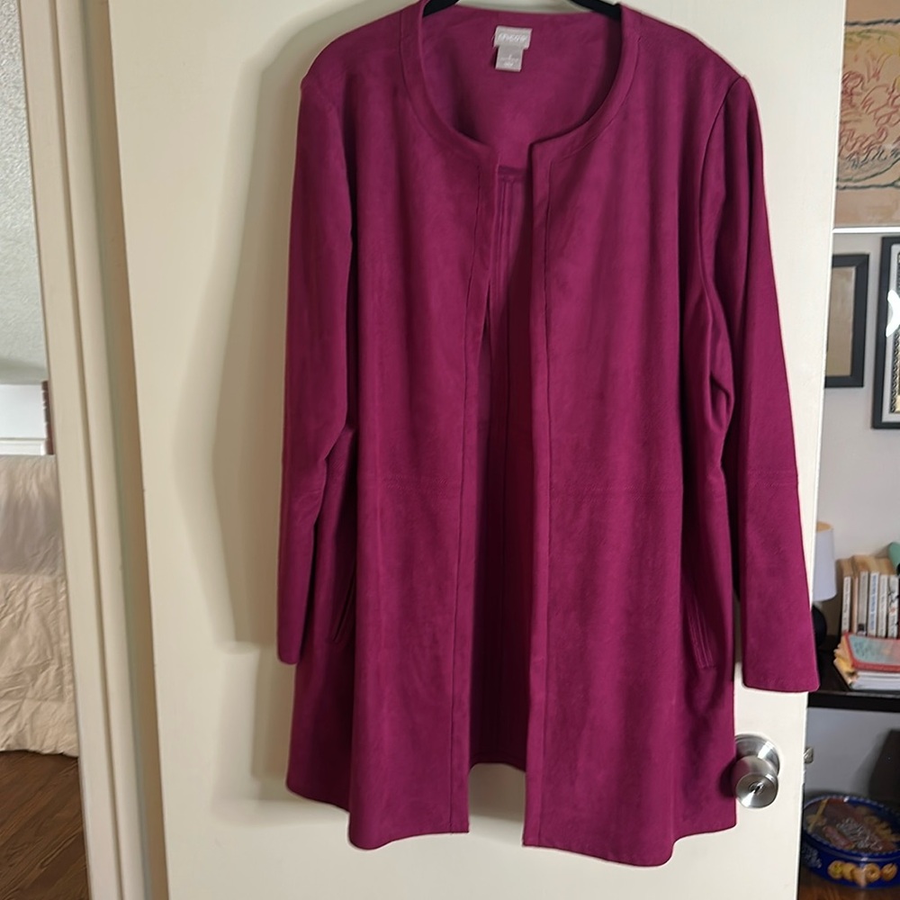 Hot Pink Suede-like Fuschia Longline jacket size 3 (16/18) from Chicos